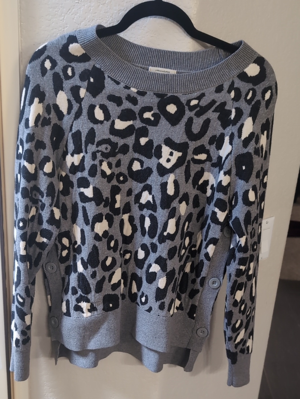 Stella & Dot Grey Black and Cream Leopard-Print Crewneck Sweater